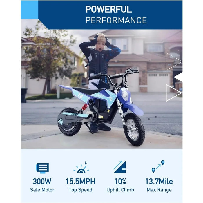 Enagua Mart Electric Dirt Bike - 36V for Kids, Ages 3-10, 300W Ebike, Up to 15.5 MPH, 13.7 Miles Long Range, 3-Speed Electric Motorcycle