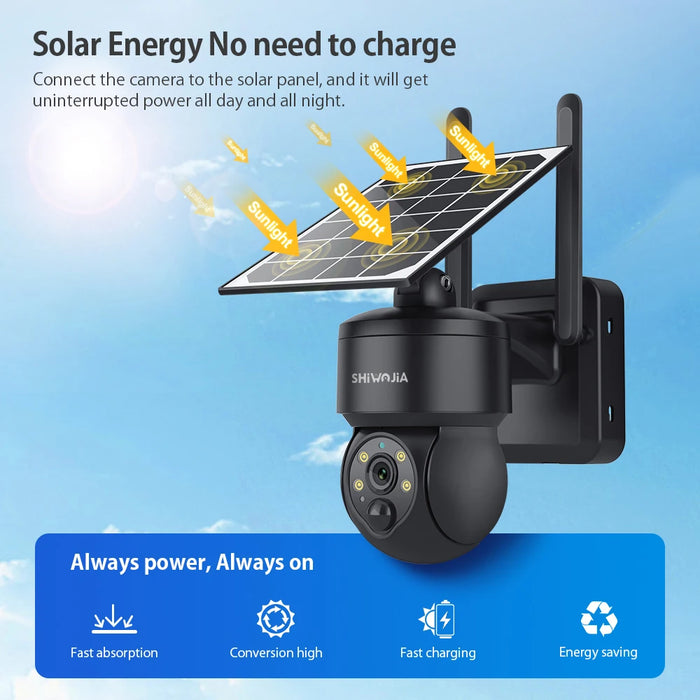 Enagua Mart Shiwojia WiFi Wireless PTZ Solar Camera - 3MP Outdoor Surveillance Camera with Two-Way Audio and Solar Panel