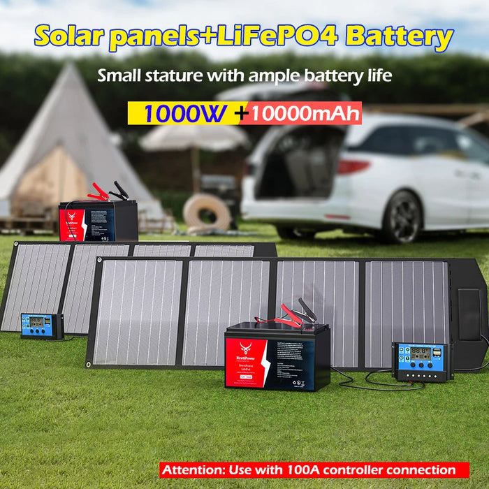 Enagua Mart 1000W Foldable Solar Panel - 12V Charging 10000mAh Lithium Iron Phosphate Battery for Outdoor Camping and Car Charging