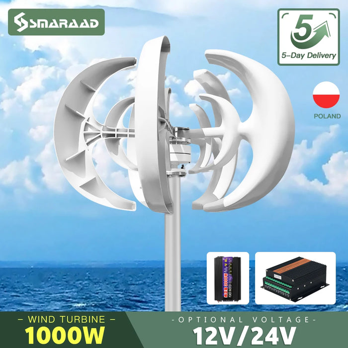 Enagua Mart 1KW Vertical Wind Turbine Generator - 24V/12V Magnetic Dynamo with Free Energy AC 220V Inverter Output for Home