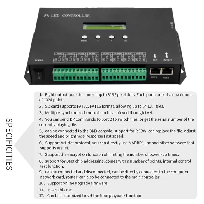 Enagua Mart ArtNet DMX to SPI LED Pixel Controller - 8/4 Port with SD Card for WS2811/WS2812B/WS2815 Strips