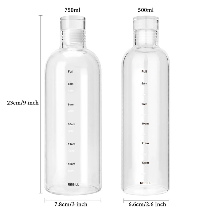 Enagua Mart 750ml Large Capacity Glass Water Bottle - Time Marker Drink Bottle for Water, Juice, and Milk