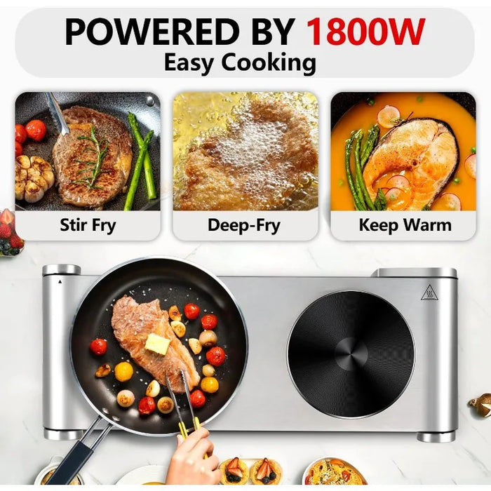 Enagua Mart CUSIMAX 1800W Double Hot Plate - Portable Countertop Electric Burner for Cooking with Stainless Steel Finish