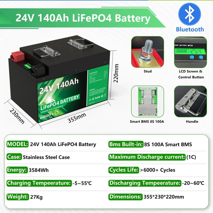 Enagua Mart LiFePO4 Battery - 24V 140Ah Bluetooth Lithium Pack with 6000 Cycles