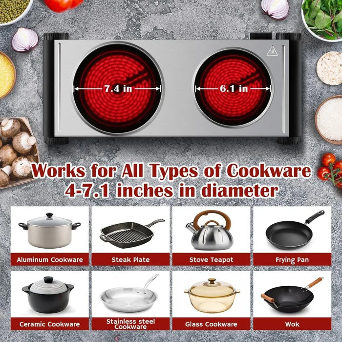 Enagua Mart Dual Hot Plate 1800W Infrared Cooktop - Portable Electric Stove for Cooking with Ceramic Glass Heating Plate