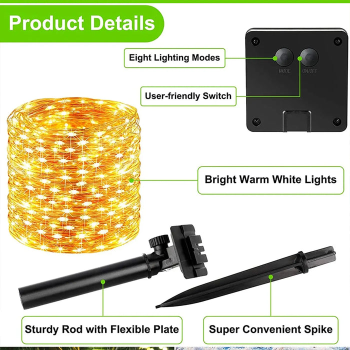 Enagua Mart 110FT Solar String Lights - 8 Lighting Modes Waterproof Outdoor Fairy Lights for Garden and Patio