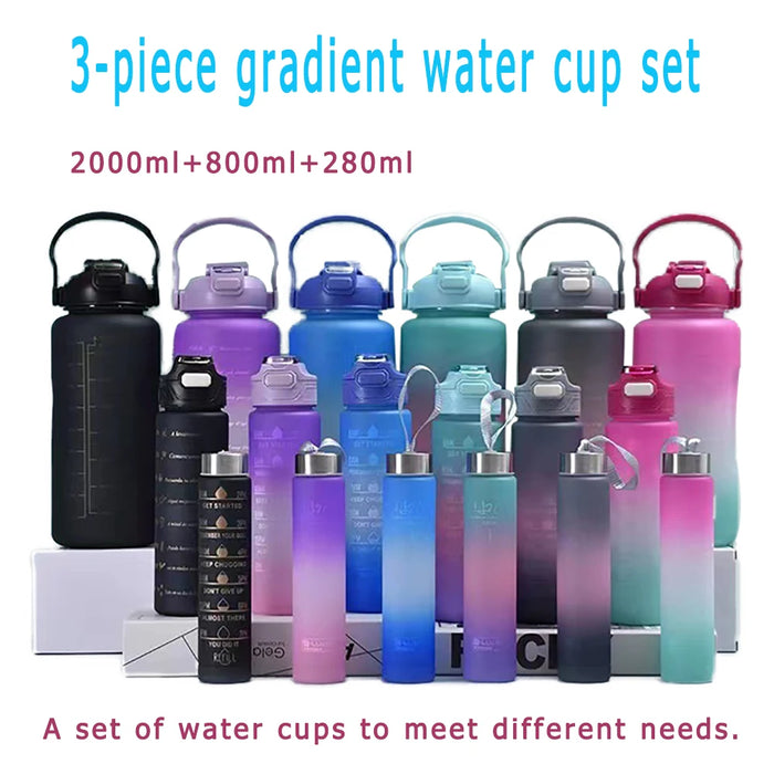 Enagua Mart Gradient Water Cup Three-Piece Set - Large Capacity Plastic Sports Bottles with Straw