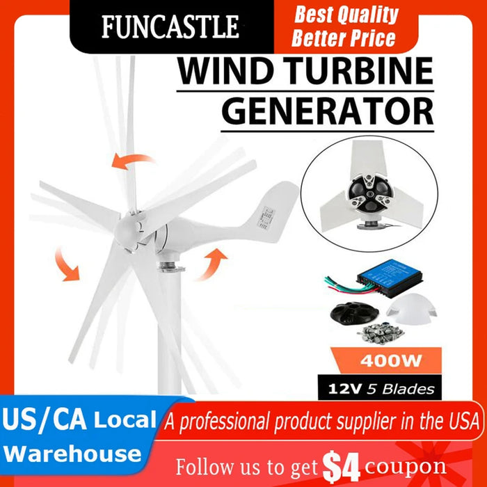 Enagua Mart Wind Turbine Generator 300W/400W with Charge Controller - 12V, 3/5 Blades for Yacht, Farm, Home