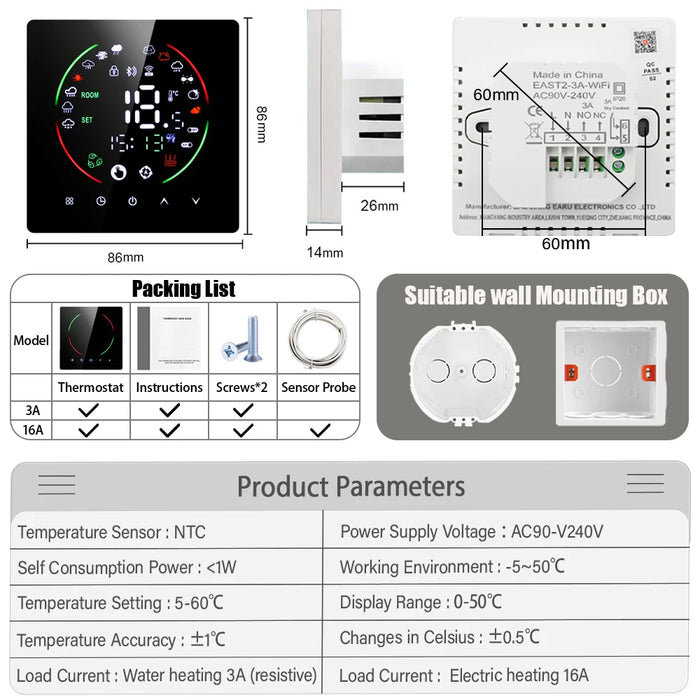 Enagua Mart Tuya Wi-Fi Smart Thermostat - Voice-Enabled Controller for Electric Floor Heating, Water, and Gas Boilers