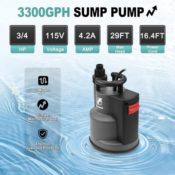 Enagua Mart 3/4HP Submersible Sump Pump - 3300GPH Utility Water Pump with Auto/Manual Control and Integrated Float Switch