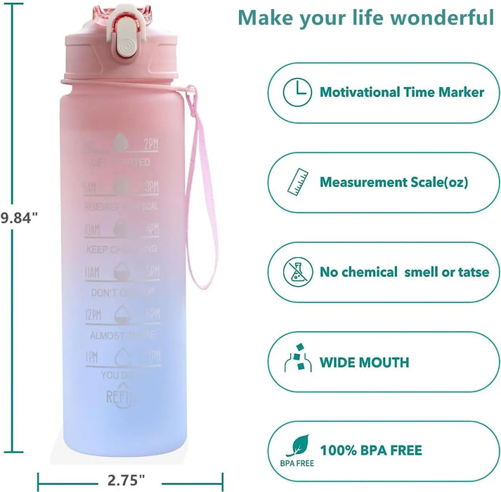 Enagua Mart 24 Oz Time-Marked Water Bottle - Motivational Drinking Bottle with Drinkable Straw, Ombre Frosted Design, Leak-Proof Sports Water Cup