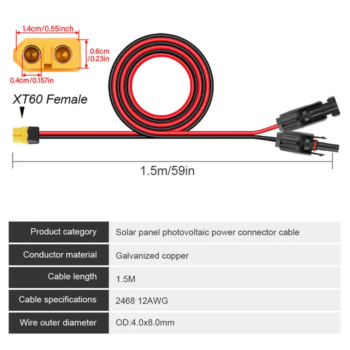 Enagua Mart 0.6M - 1.6M Solar Charge Cable XT60 Adapter to Solar Male/Female Connector Extension Wire 12AWG for Battery Pack