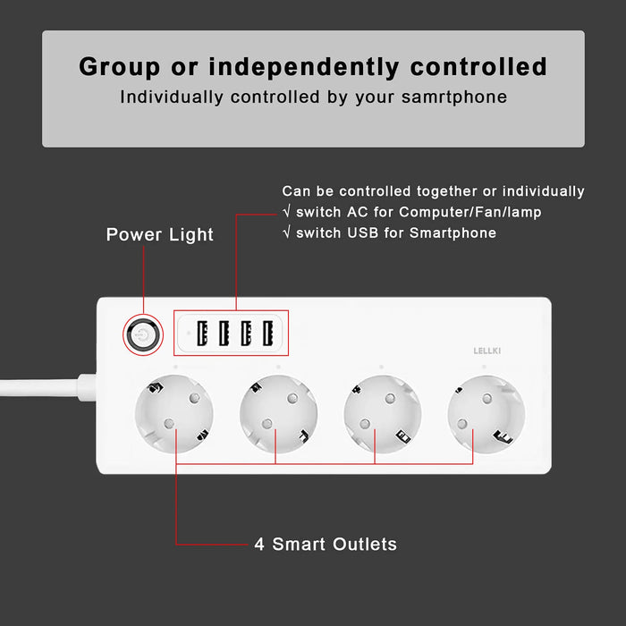 Enagua Mart Lellki Zigbee Power Strip - Smart Tuya Extension Cord with Alexa and SmartThings Compatibility, 1.8M