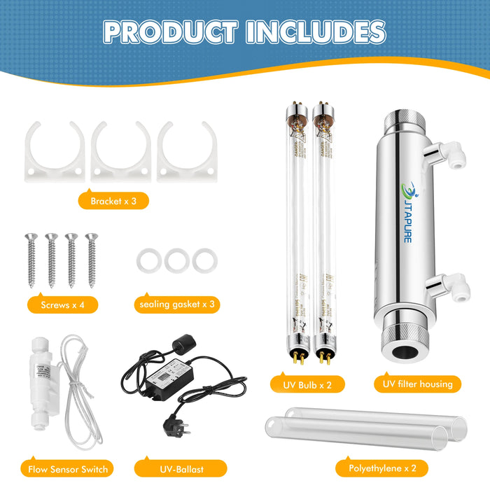 Enagua Mart Jtapure 11W Ultraviolet Water Purifier Filter Sterilizer - 1GPM with Extra Philips Lamp & Quartz Sleeve