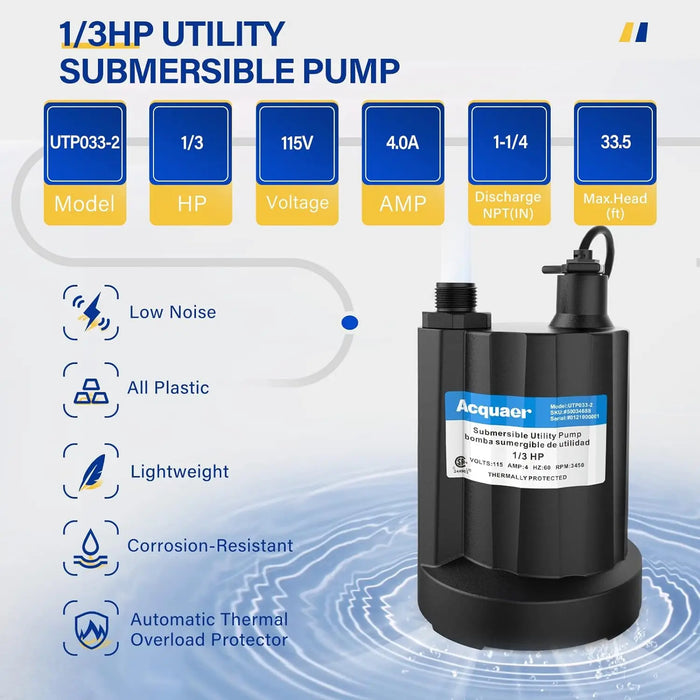 Enagua Mart 1/3 HP Submersible Water Pump - 2160 GPH Thermoplastic Utility Portable Electric Water Pump