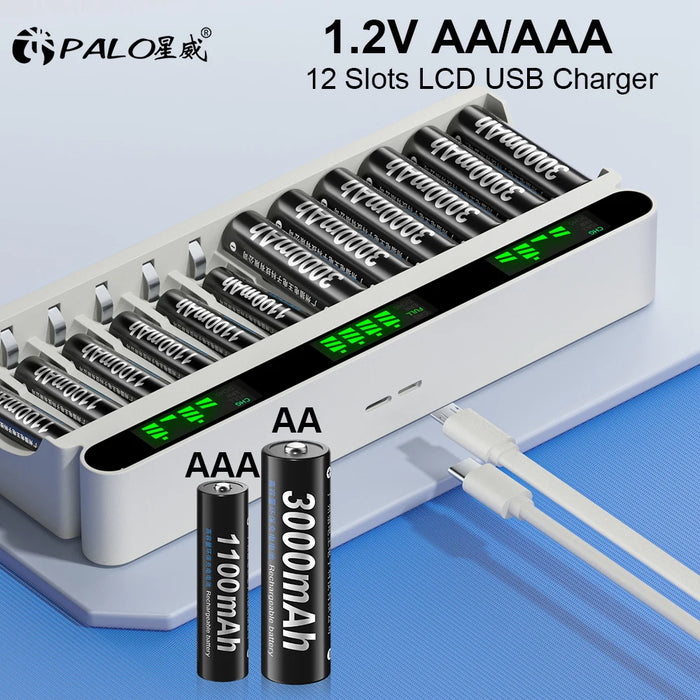 Enagua Mart PALO 1.2V AA/AAA NiMH Rechargeable Battery Set - 12-Slot LCD USB Fast Battery Charger