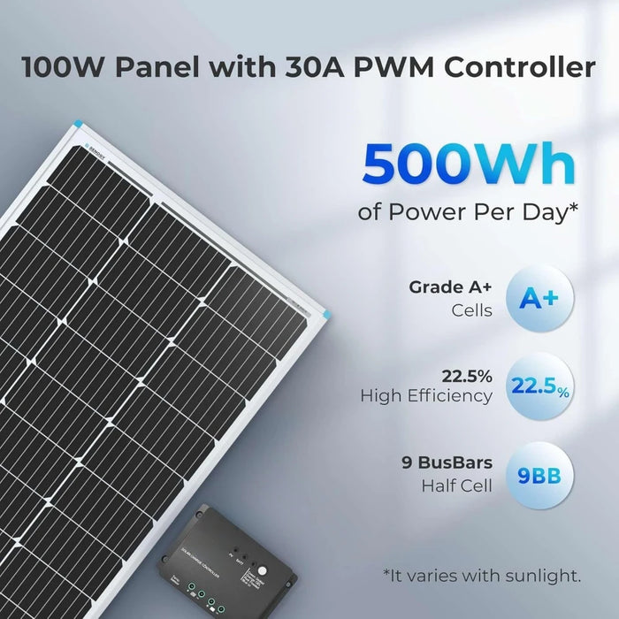 Enagua Mart 100W 12V Solar Panel Starter Kit - Monocrystalline Panel with 30A PWM Charge Controller