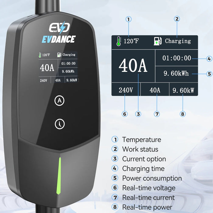 Enagua Mart EVDance J1772 Electric Car Charger - 40A US Plug 9.6kW with OLED Display