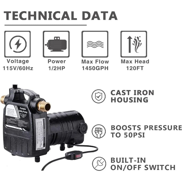 Enagua Mart Heavy Duty High-Pressure Water Transfer Utility Pump - Cast Iron Casing with Brass Connectors