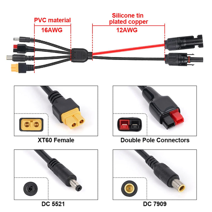 Enagua Mart 4-in-1 Solar Panel Connector Extension Cable Splitter - 12AWG Power Cord Adapter Power Plug for XT60/DC5521/DC7909 Charging Cable