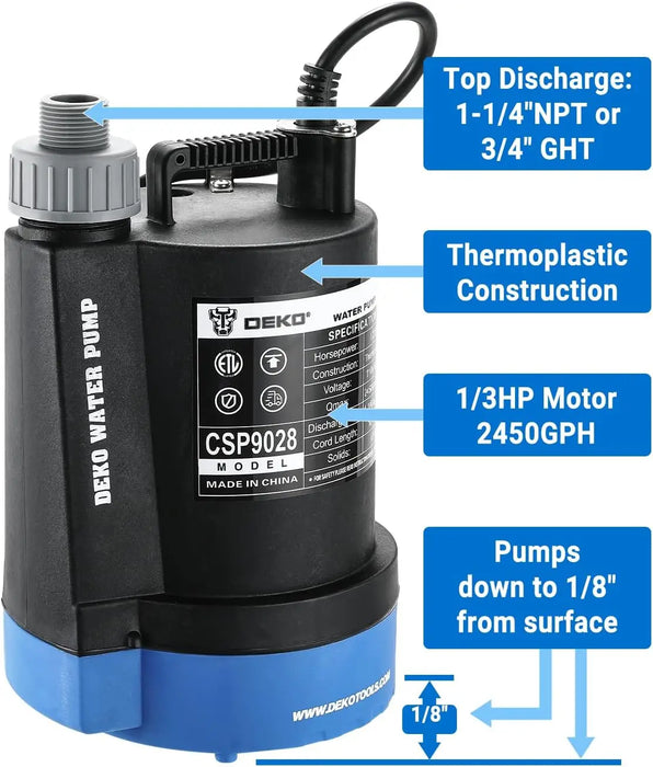 Enagua Mart Submersible Water Pump - 1/3 HP 2450GPH Thermoplastic Electric Portable Utility Pump