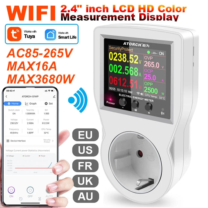 Enagua Mart Wi-Fi Smart Socket Digital Wattmeter - 220V Power Meter for Electricity Consumption Monitoring, Available in EU/FR/US/UK/AU Plug Types