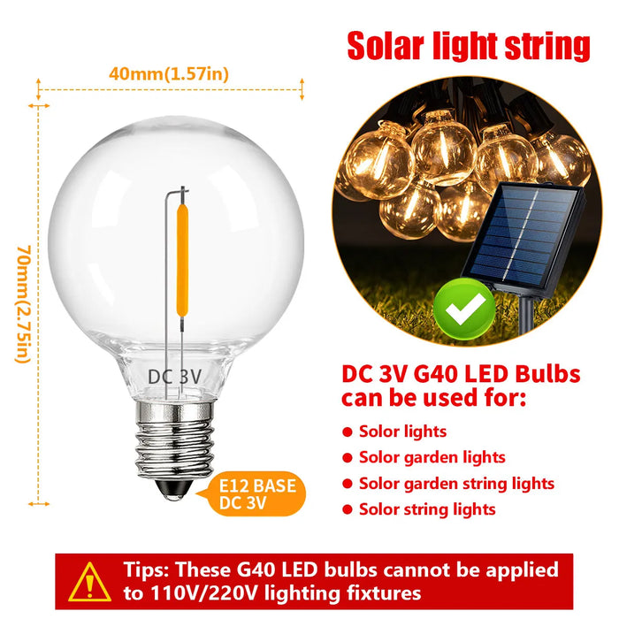 Enagua Mart G40 LED Light Bulb - E12 Base, 3V 1W Warm White Globe Ball Replacement for Solar String Lights