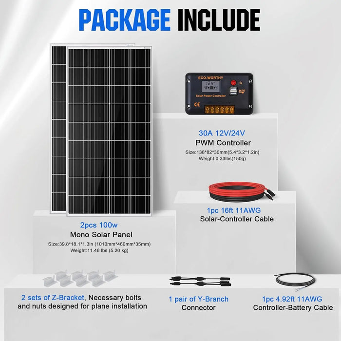 Enagua Mart Eco-Worthy 200 Watts 12 Volt/24 Volt Solar Panel Kit - High Efficiency Monocrystalline with 30A PWM Charge Controller