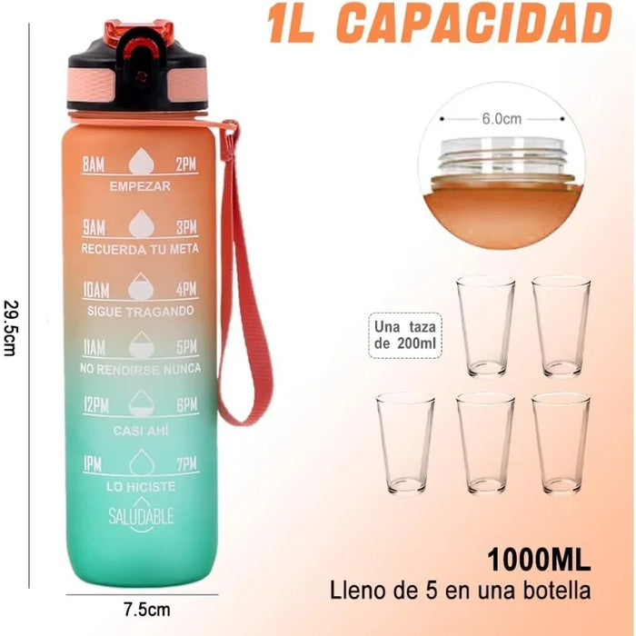 Enagua Mart 1 Liter Gradual Color Sport Water Jug - Time Marker, Leakproof for Outdoor, Travel, Gym, and Camping