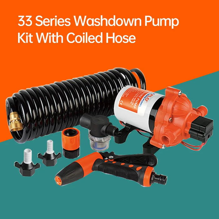 Enagua Mart Seaflo 33 Series Washdown Pump Kit with Coiled Hose - 70 PSI, 12V/24V, Marine Boat Accessories, Showers for RV, Caravan