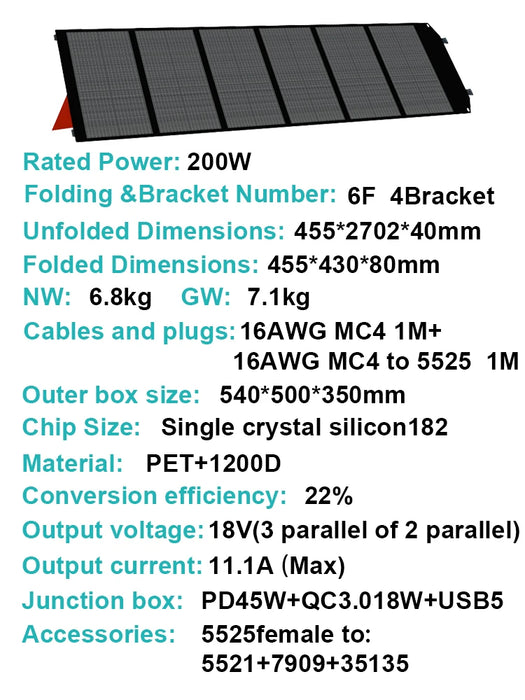 Enagua Mart 200W Foldable Solar Panel - 18V 11.1A USB Portable Solar Charging Panel for Outdoor Tourism and Camping