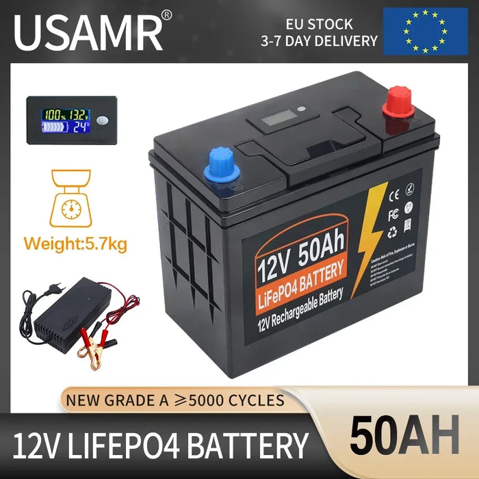 Enagua Mart LiFePO4 Battery - 12V 50Ah/60Ah/100Ah with Built-In BMS, 5000 Cycles, for RV, Campers, and Solar Storage