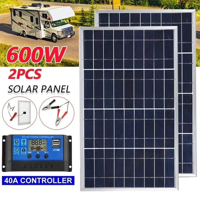 Enagua Mart 600W Solar Panel Kit Complete 12V Polycrystalline - USB Power Portable Outdoor Rechargeable Solar Cell Solar Generator for Home