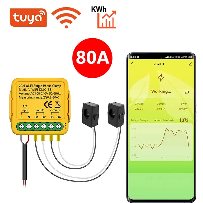 Enagua Mart Tuya WiFi On/Off Controller - 80A Energy Meter and Power Monitoring Device for Smart Homes