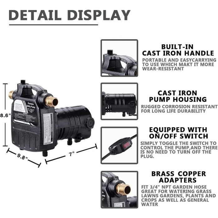 Enagua Mart Heavy Duty High-Pressure Water Transfer Utility Pump - Cast Iron Casing with Brass Connectors