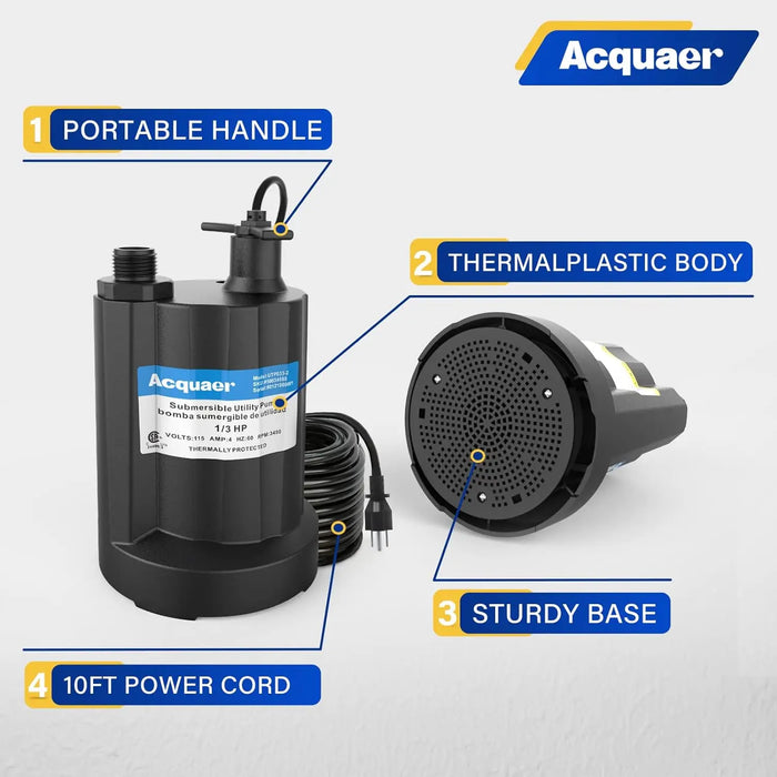 Enagua Mart 1/3 HP Submersible Water Pump - 2160 GPH Thermoplastic Utility Portable Electric Water Pump