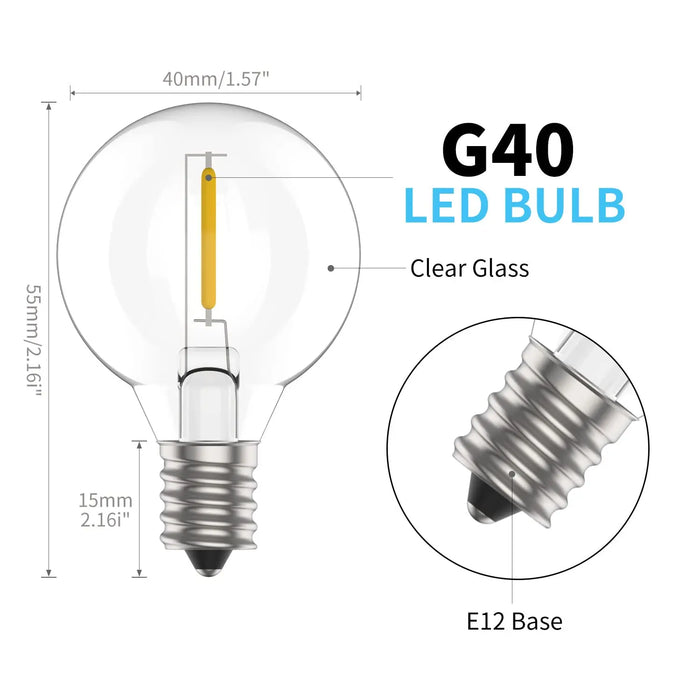 Enagua Mart G40 LED Light Bulb - E12 Base, 3V 1W Warm White Globe Ball Replacement for Solar String Lights