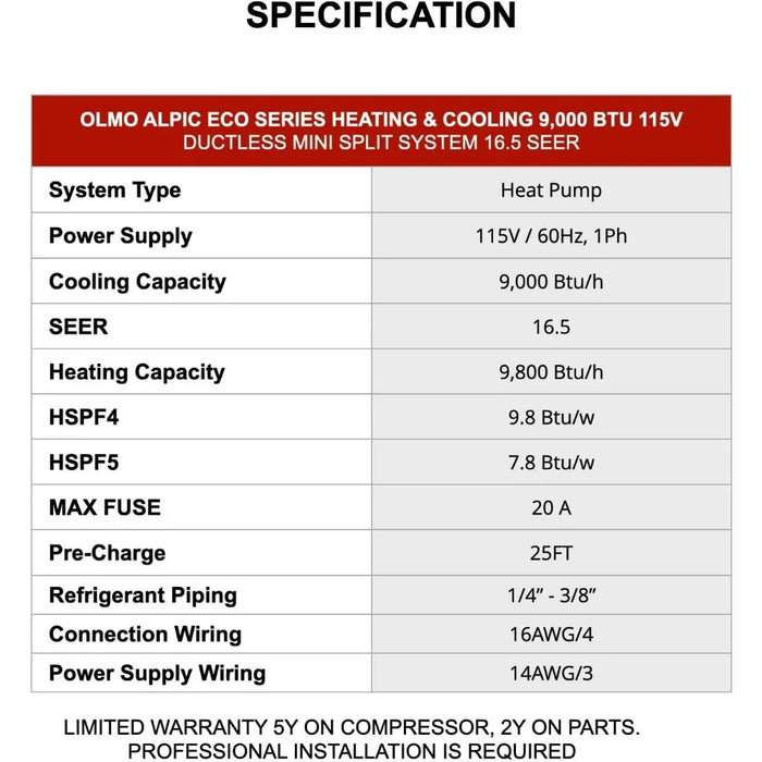 Enagua Mart TU 110-120V Ductless Mini Split AC Heating System - Heat Pump with 16ft Installation Kit