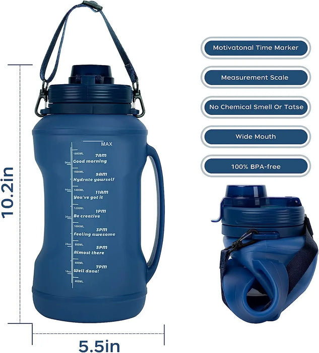 Enagua Mart 2L Collapsible Water Bottle - Foldable Silicone Travel Bottle with Motivational Time Markers and Straw