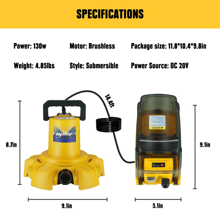 Enagua Mart Cordless Submersible Water Pump - 1320 GPH Portable Brushless Transfer Pump for DeWalt 20V Battery