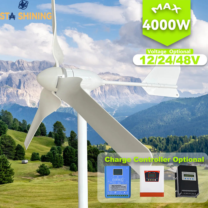 Enagua Mart 4000W Horizontal Wind Turbine Generator - Hybrid Solar Wind Power System for Home Use with MPPT Charger