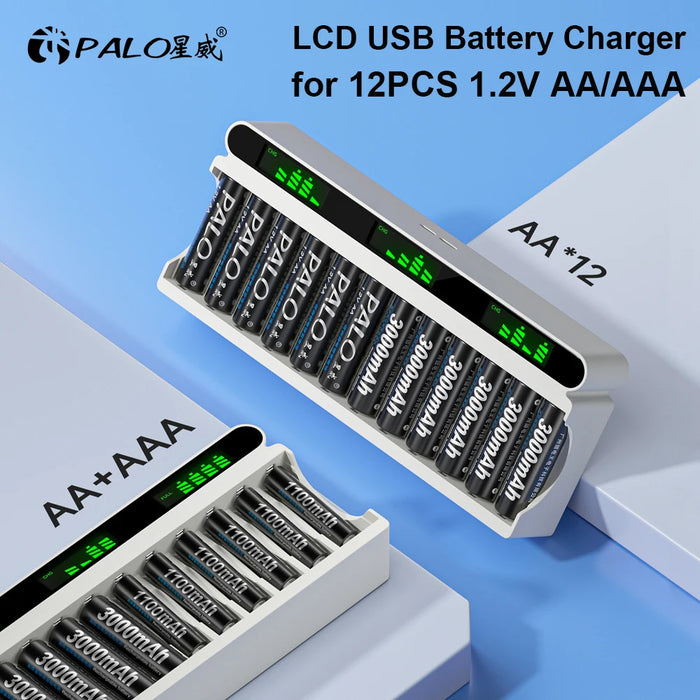 Enagua Mart PALO 1.2V AA/AAA NiMH Rechargeable Battery Set - 12-Slot LCD USB Fast Battery Charger