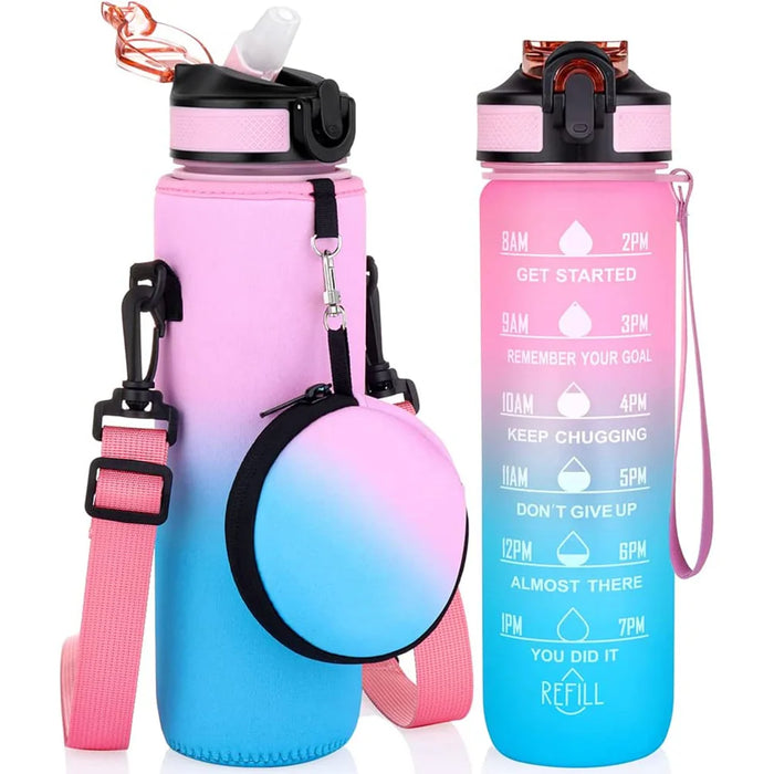 Enagua Mart 1000ml Water Bottle with Sleeve - Sport Tumbler Case with Headphone Pouch for Camping and Outdoor Activities