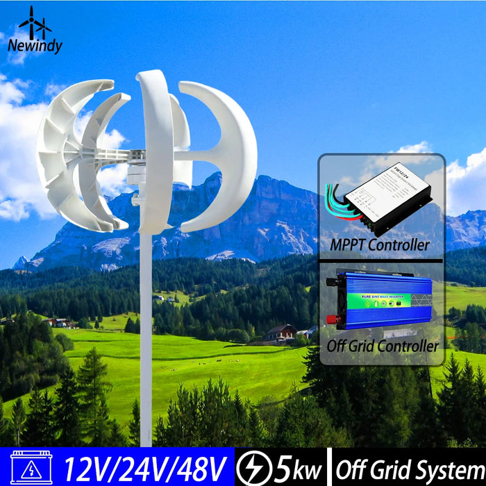 Enagua Mart Vertical Axis Wind Turbine - 5000W, 12V/24V, 5-Blades Complete Windmill Set