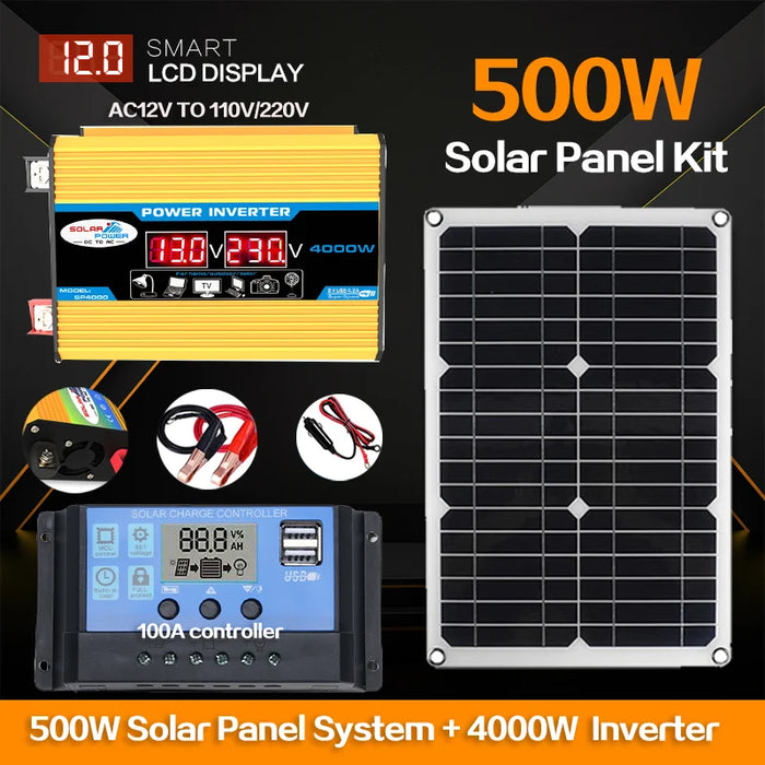 Enagua Mart 500W Solar Panel System - 110V/220V with 12V Solar Panel, Battery Charge Controller, and 4000W Inverter Kit for Complete Power Generation