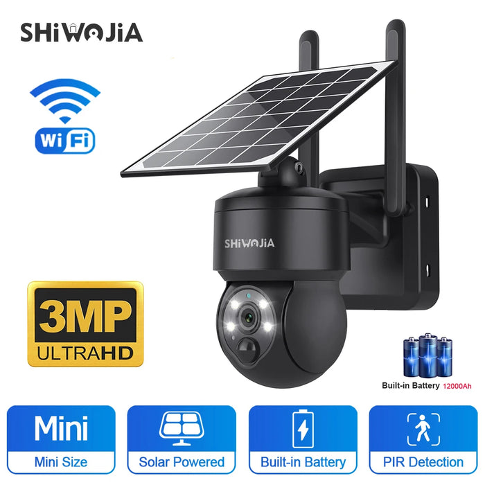 Enagua Mart Shiwojia WiFi Wireless PTZ Solar Camera - 3MP Outdoor Surveillance Camera with Two-Way Audio and Solar Panel