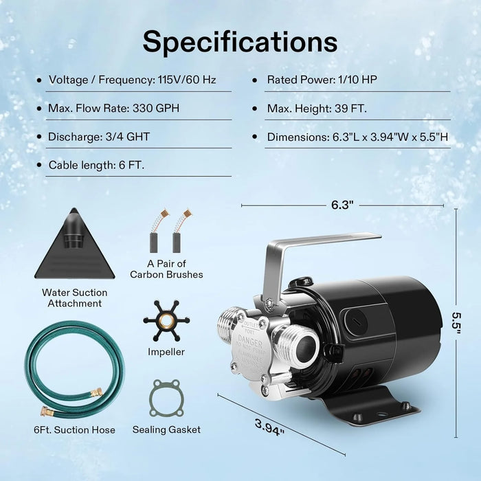 Enagua Mart 1/10HP Water Transfer Pump - 330 GPH Portable Utility Pump with Water Hose Kit