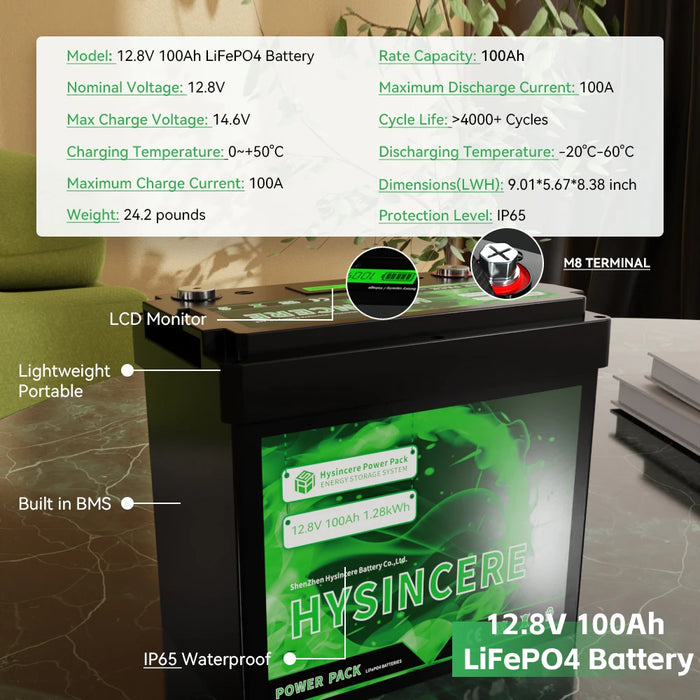 Enagua Mart Hysincere 12V 100Ah LiFePO4 Battery Pack - Built-In BMS for Solar, RV, and Home Energy Storage