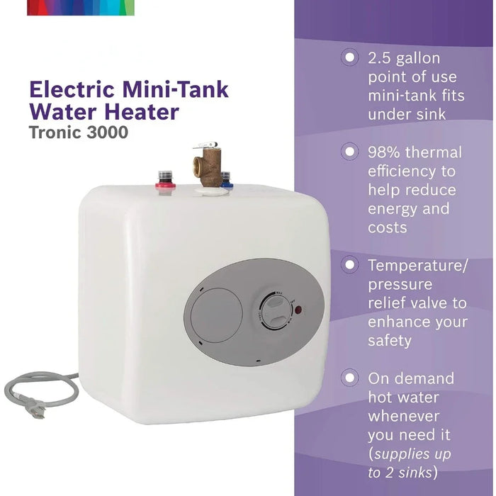 Enagua Mart Mini Tank Water Heater - 2.5 Gallon Capacity, Shelf, Wall, or Floor Mounted