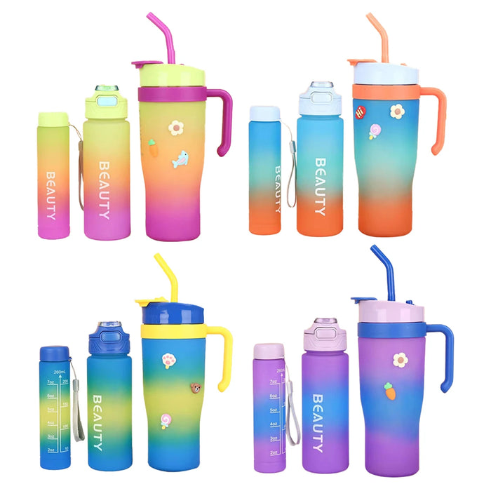 Enagua Mart Gradient Water Bottle 3-Piece Set - Large Capacity Plastic Cups with Straws